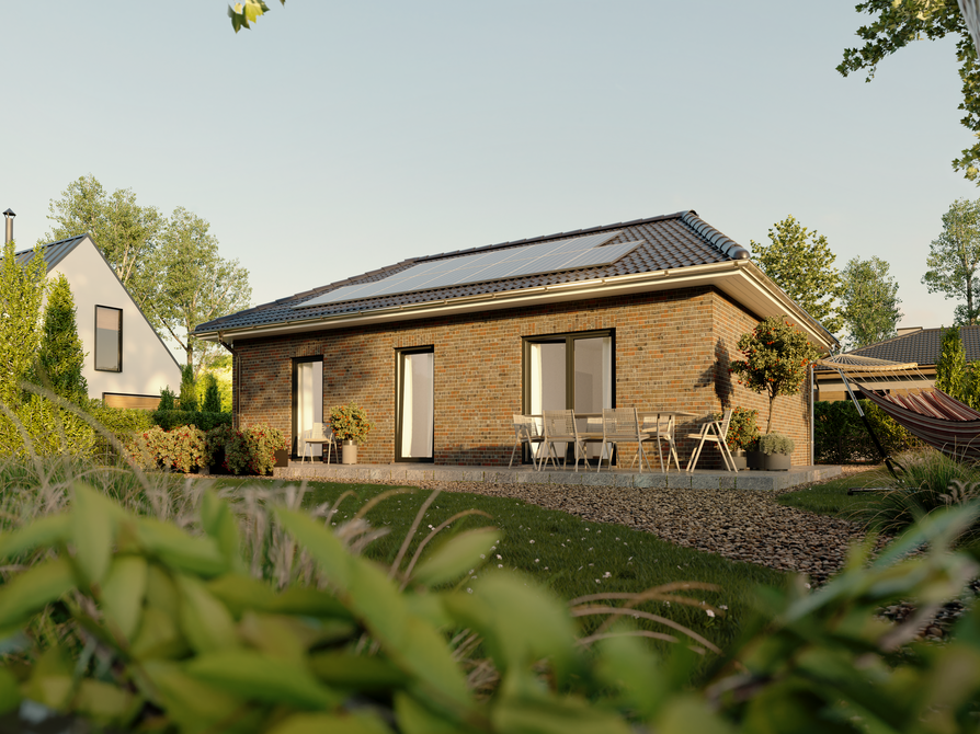 Gartenansicht des Bungalow 78 mit Klinkerfassade und Terrasse