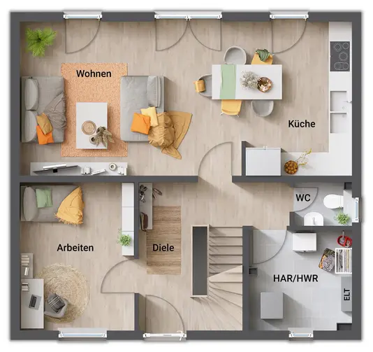 Grundriss-Einfamilienhaus-Flair-110-Erdgeschoss-offene-Kueche-mit-Keller
