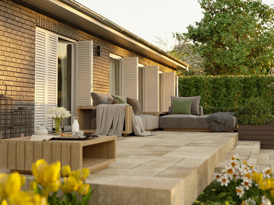 Detailansicht der Terrasse des Bungalow 131 in Klinker Variante Feldhaus